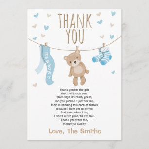 Baby Shower Thank You Card Teddy Bear blue