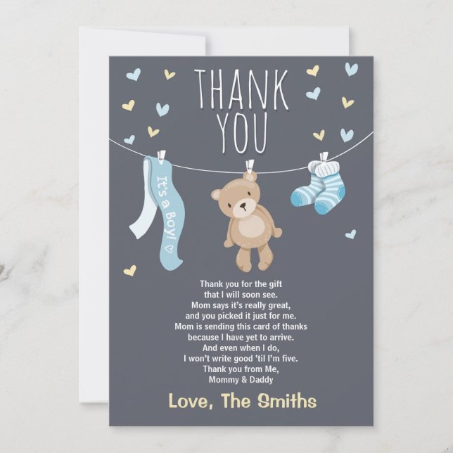 Baby Shower Thank You Card Teddy Bear blue (Front)