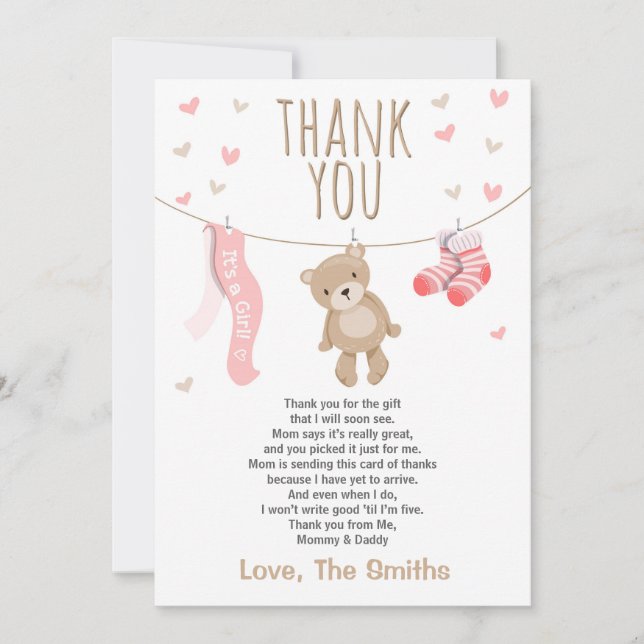 Baby Shower Thank You Card Teddy Bear pink girl (Front)