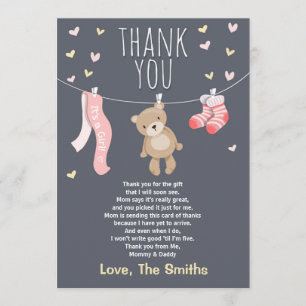 Baby Shower Thank You Card Teddy Bear pink girl