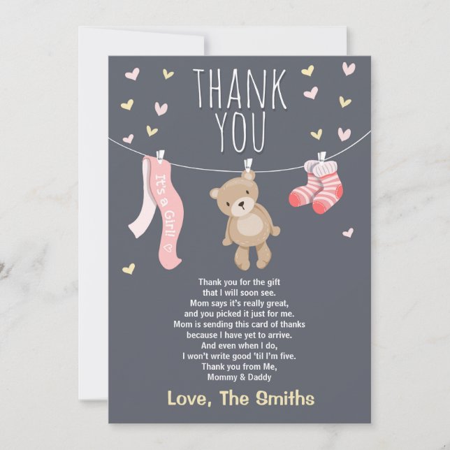 Baby Shower Thank You Card Teddy Bear pink girl (Front)
