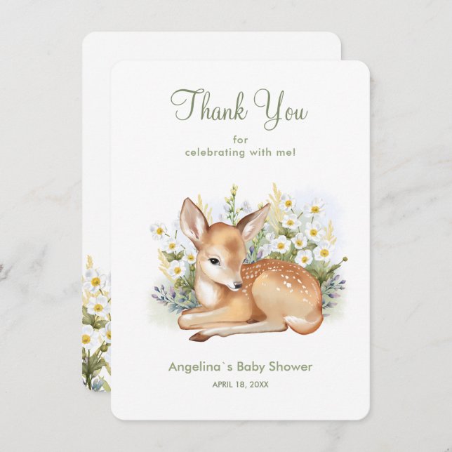 Baby shower Thank You Card with an adorable  fawn. (Front/Back)