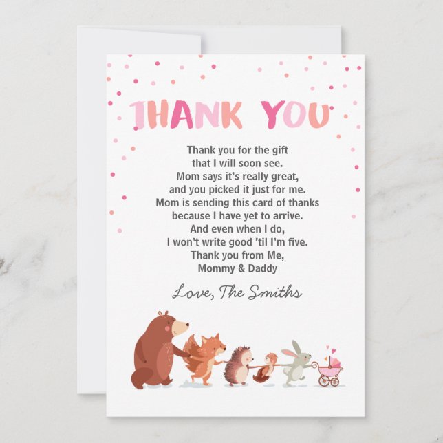 Baby Shower Thank You Card Woodland Girl Pink (Front)