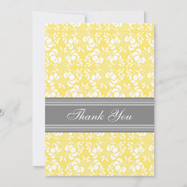Baby Shower Thank You Cards Lemon Grey Damask (Front)