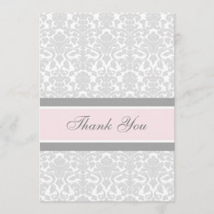 Baby Shower Thank You Cards Pink Grey Damask