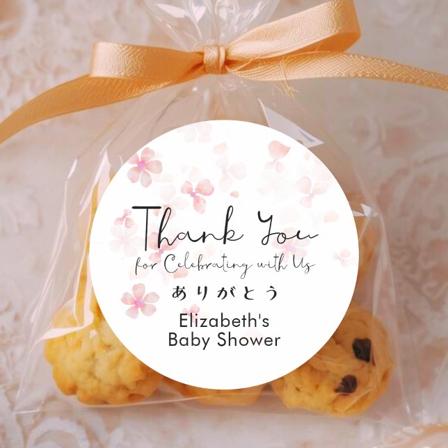 Baby Shower Thank You Cherry Blossom Floral Script Classic Round Sticker (Creator Uploaded)