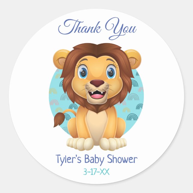 Baby Shower Thank You Cute Lion DIY Name Info, Wht Classic Round Sticker (Front)
