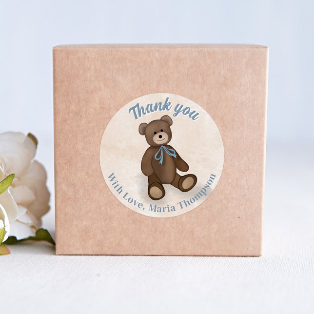 Baby Shower Thank You Cute Teddy Bear Classic Round Sticker (Cute Baby Shower custom sticker)