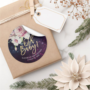 Baby Shower Thank You Floral Feather Purple Lights Classic Round Sticker