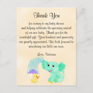 Baby Shower Thank You Gender Neutral Elephant Postcard