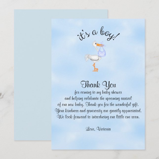 Baby Shower Thank You It's a Boy  Baby Boy Stork Invitation (Front/Back)