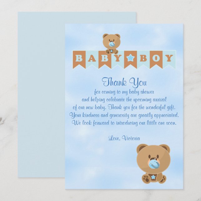 Baby Shower Thank You It's a Boy Baby Boy Teddy Be Invitation (Front/Back)