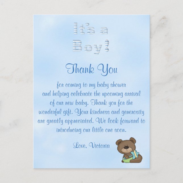 Baby Shower Thank You It's a Boy Baby Boy Teddy Be Postcard (Front)