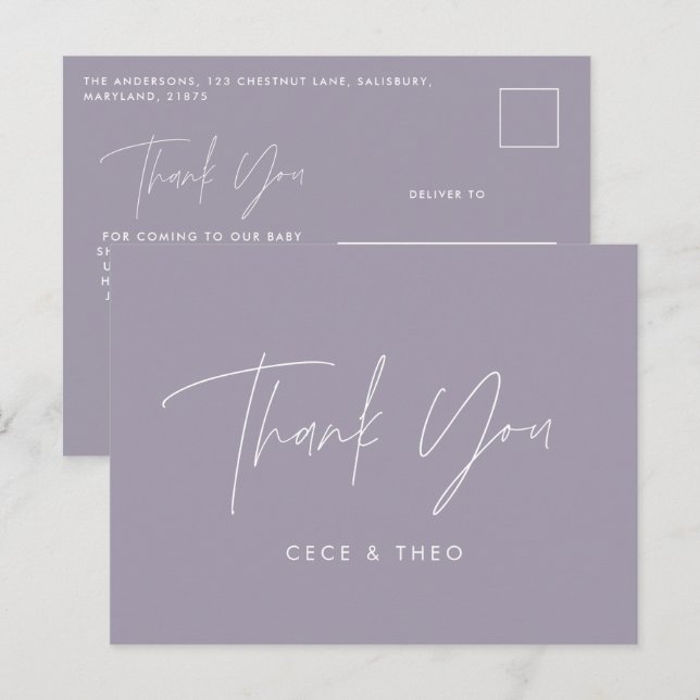 Baby shower thank you lilac purple elegant modern postcard (Front/Back)