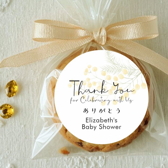 Baby Shower Thank You Mimosa Floral Cute Script Classic Round Sticker (Creator Uploaded)