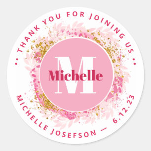 Baby Shower Thank You Monogram Watercolor Glitter  Classic Round Sticker