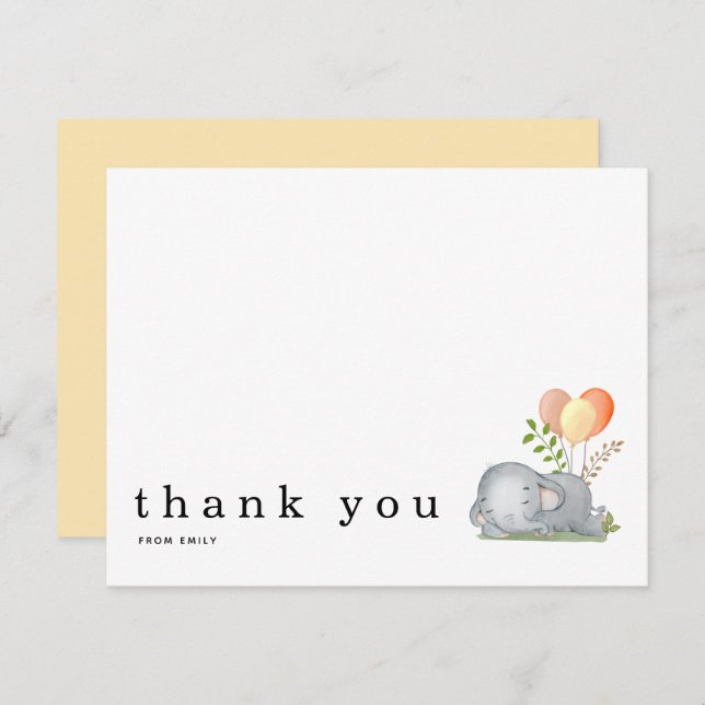 Baby Shower Thank You Name Elephant Asleep Yellow Card (Front/Back)