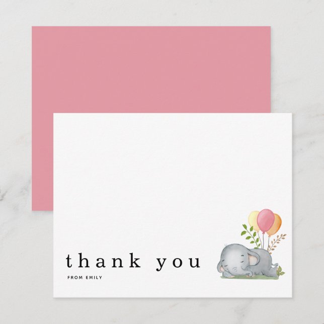 Baby Shower Thank You Name Sleeping Elephant Pink Card (Front/Back)
