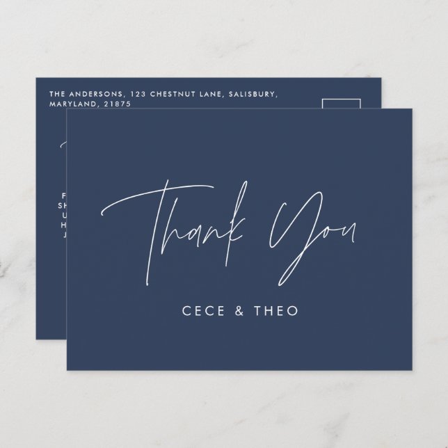 Baby shower thank you navy blue elegant modern postcard (Front/Back)