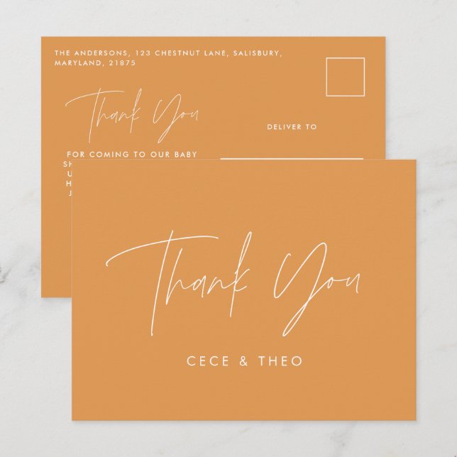 Baby shower thank you orange elegant modern postcard (Front/Back)