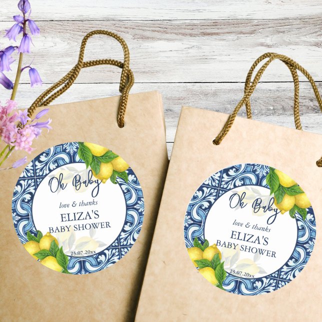 Baby shower thank you tag blue tiles lemon favour (Baby shower thank you tag blue tiles lemon thank you favor stickers Mediterranean favor stickers)