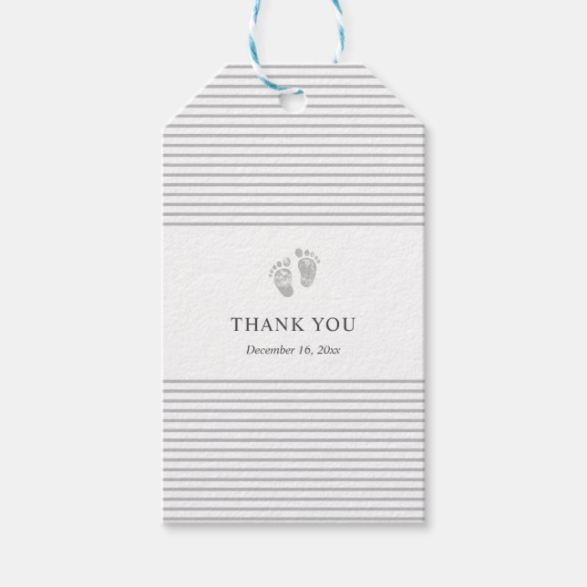 Baby Shower Thank You Tag | Footprint Grey Stripe (Front)