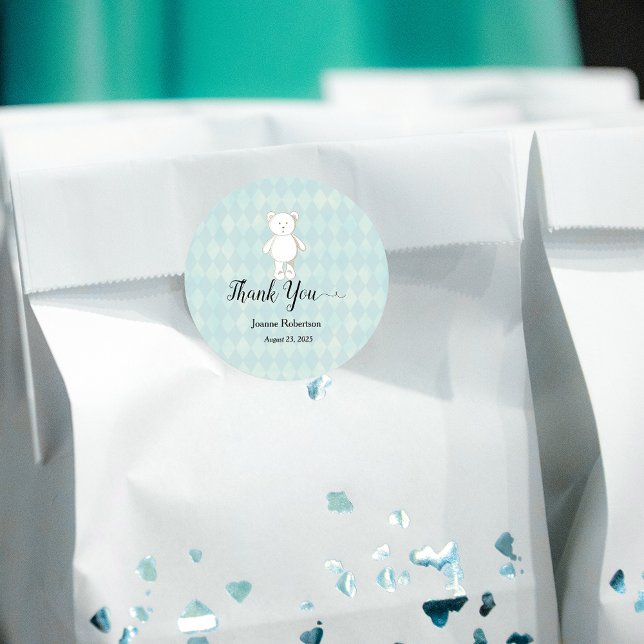 Baby Shower Thank You Teddy Bear | Aqua Blue Classic Round Sticker (Creator Uploaded)