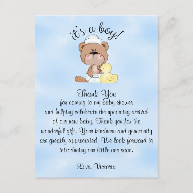 Baby Shower Thank You Teddy Bear Postcard (Front)