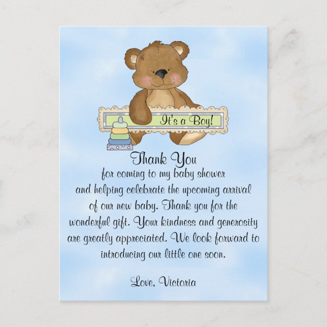 Baby Shower Thank You Teddy Bear Postcard (Front)