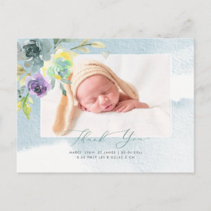Baby Shower Thank You Watercolor Dusty Blue Peony Postcard