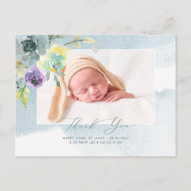 Baby Shower Thank You Watercolor Dusty Blue Peony Postcard (Front)
