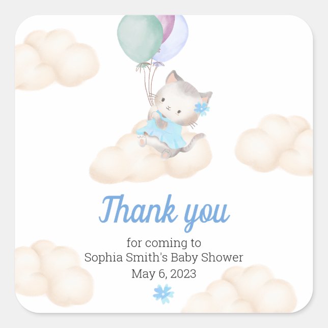 Baby Shower Thank you Whimsical Floating Kitten  Square Sticker (Front)