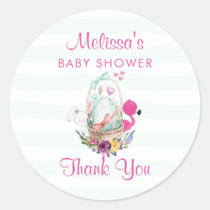 Baby Shower Thanks Egg Flamingo & Bunny Classic Round Sticker