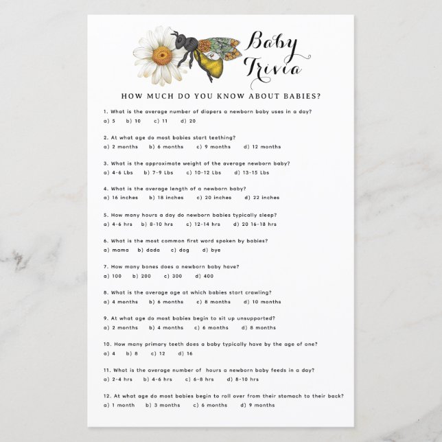 Baby Shower Trivia Game | Honey Bee Themed Baby Sh (Front)