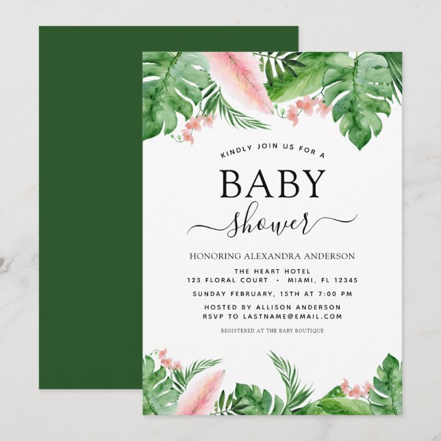 Baby Shower Tropical Palm Floral Watercolor Invitation (Front/Back)