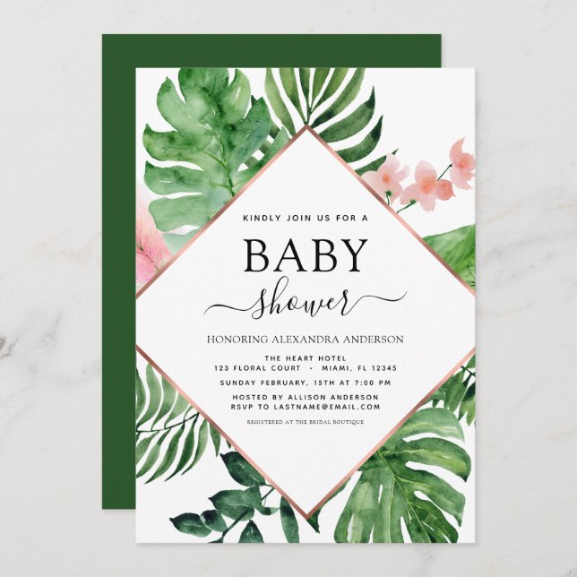 Baby Shower Tropical Palm Watercolor Geometric Invitation (Front/Back)