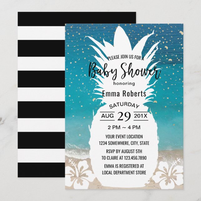 Baby Shower Tropical Pineapple & Flower Beach Invitation (Front/Back)