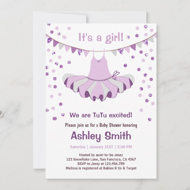 Baby Shower TuTu Purple Silver Invitation (Front)