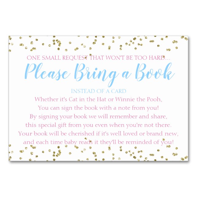 Baby Shower Twin Book Request Gold Confetti Table Number (Front)
