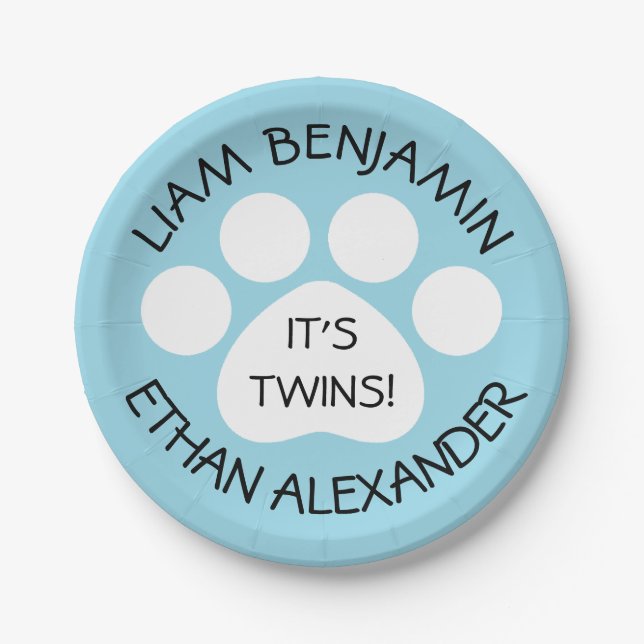 Baby Shower - Twin Boys - Paw Print Theme Paper Plate (Front)