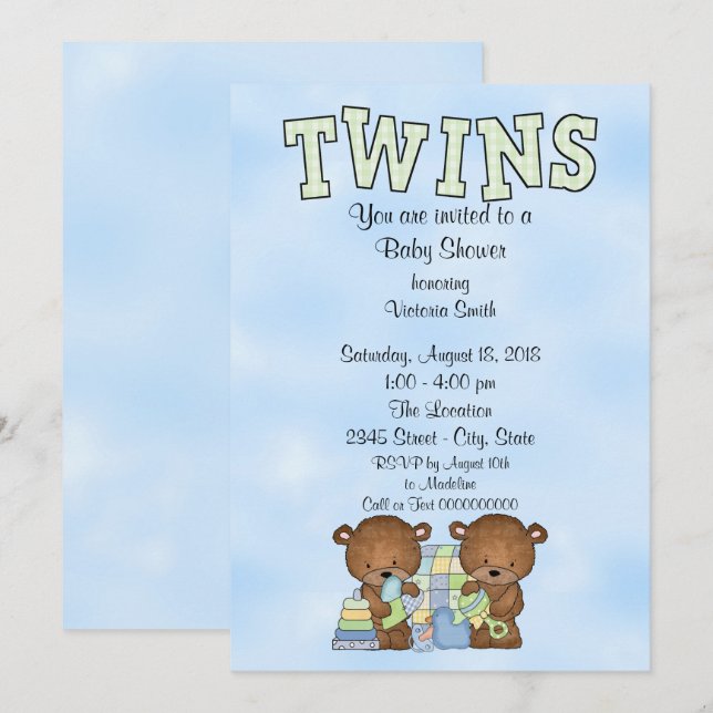 Baby Shower Twin Boys Teddy Bear Invitation (Front/Back)