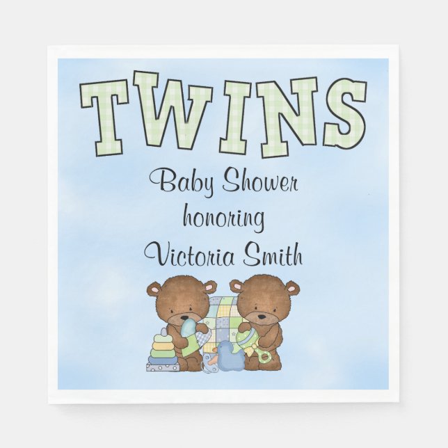Baby Shower Twin Boys Teddy Bear Napkin (Front)