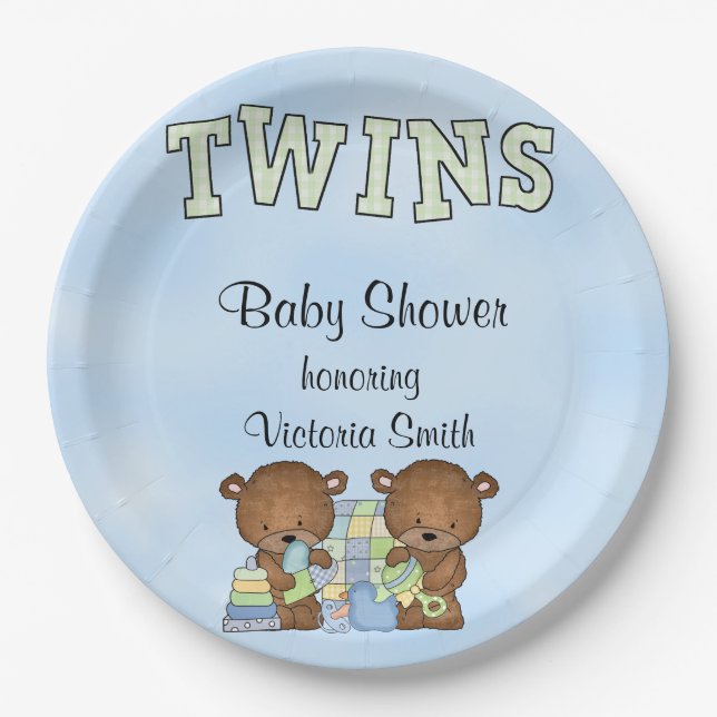Baby Shower Twin Boys Teddy Bear Paper Plate (Front)