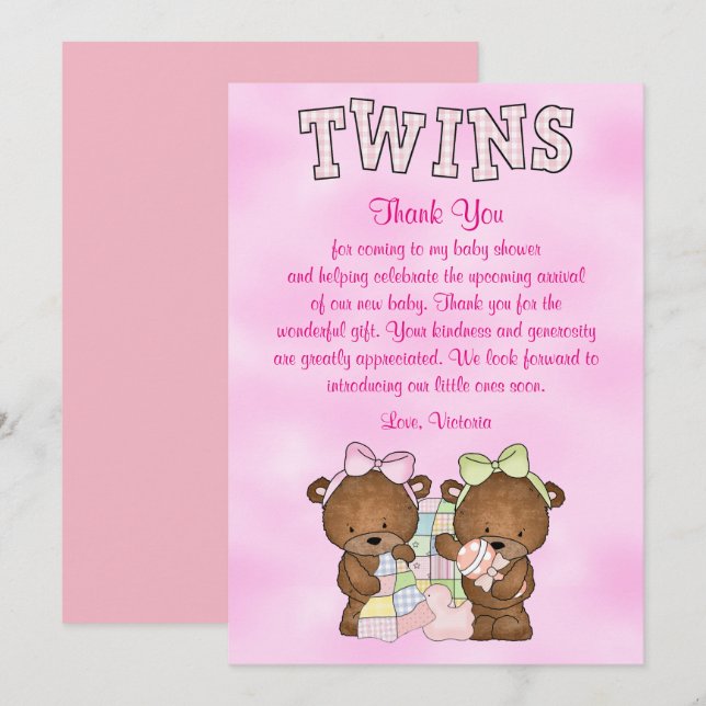 Baby Shower Twin Girls Teddy Bear Invitation (Front/Back)