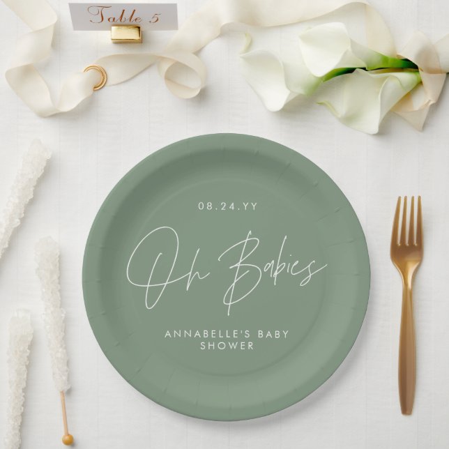 Baby shower twin modern sage green elegant paper plate (Wedding)