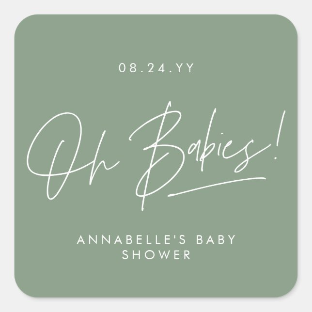 Baby shower twin modern sage green elegant square sticker (Front)