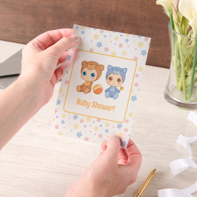 Baby Shower Twins Cat Bear Stars Insert Vellum Invitations (Handheld)
