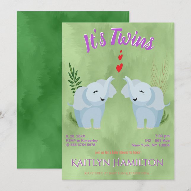 Baby Shower Twins Elephant Invitation (Front/Back)