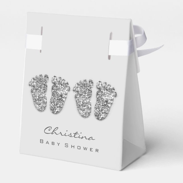 Baby Shower Twins Feet Drips Glitter Silver Grey  Favour Box (Back Side)