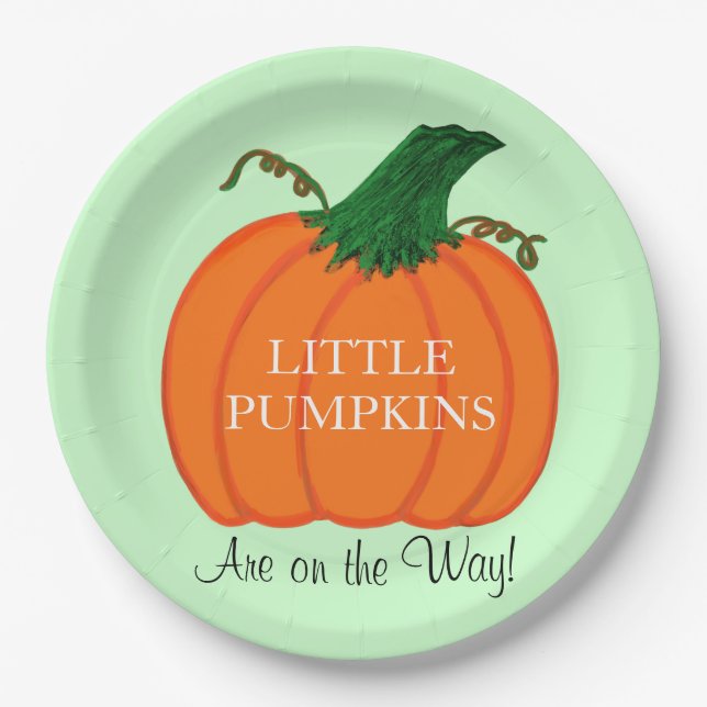 Baby Shower Twins Orange Pumpkin Green Paper Plate (Front)